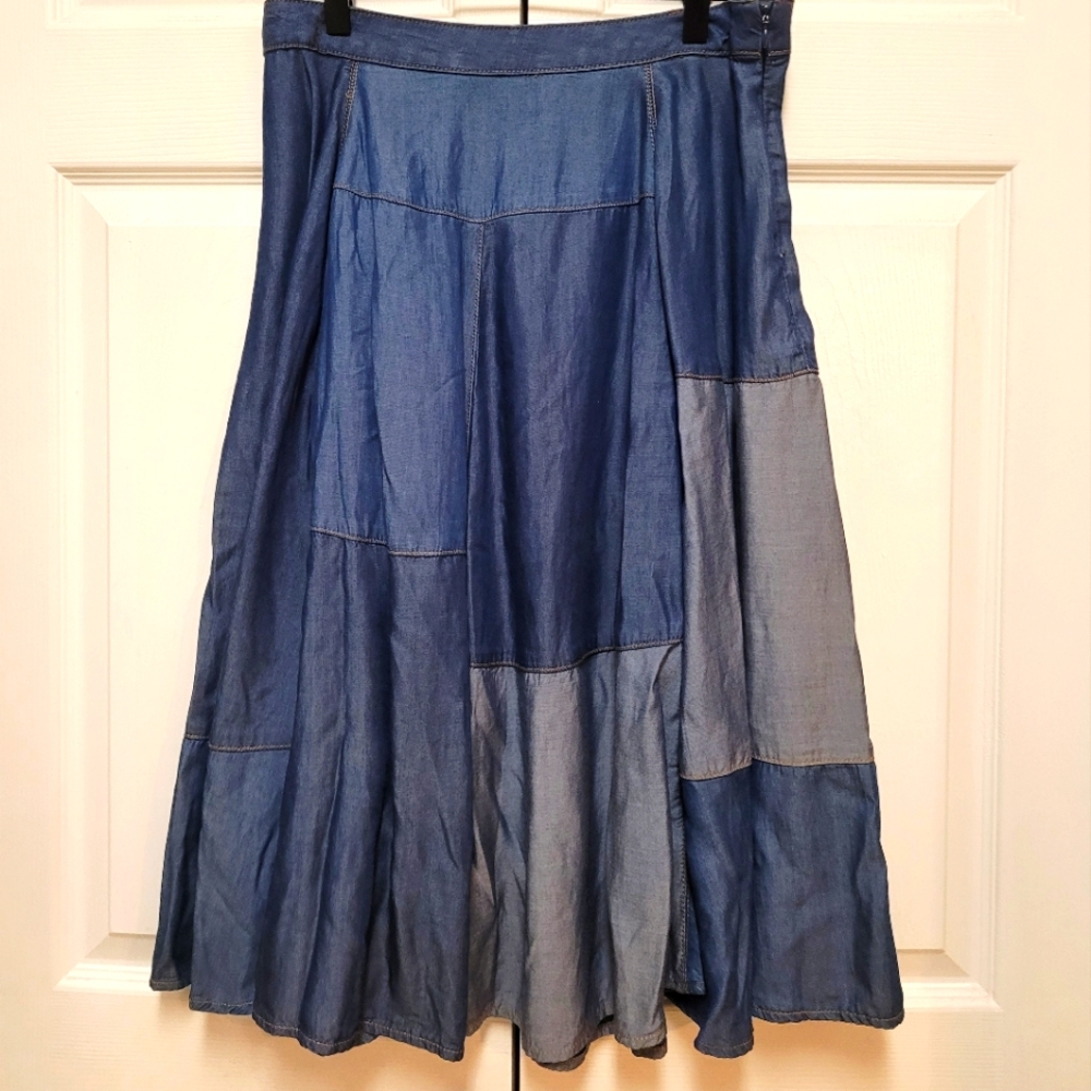 INC patterned soft denim flare skirt